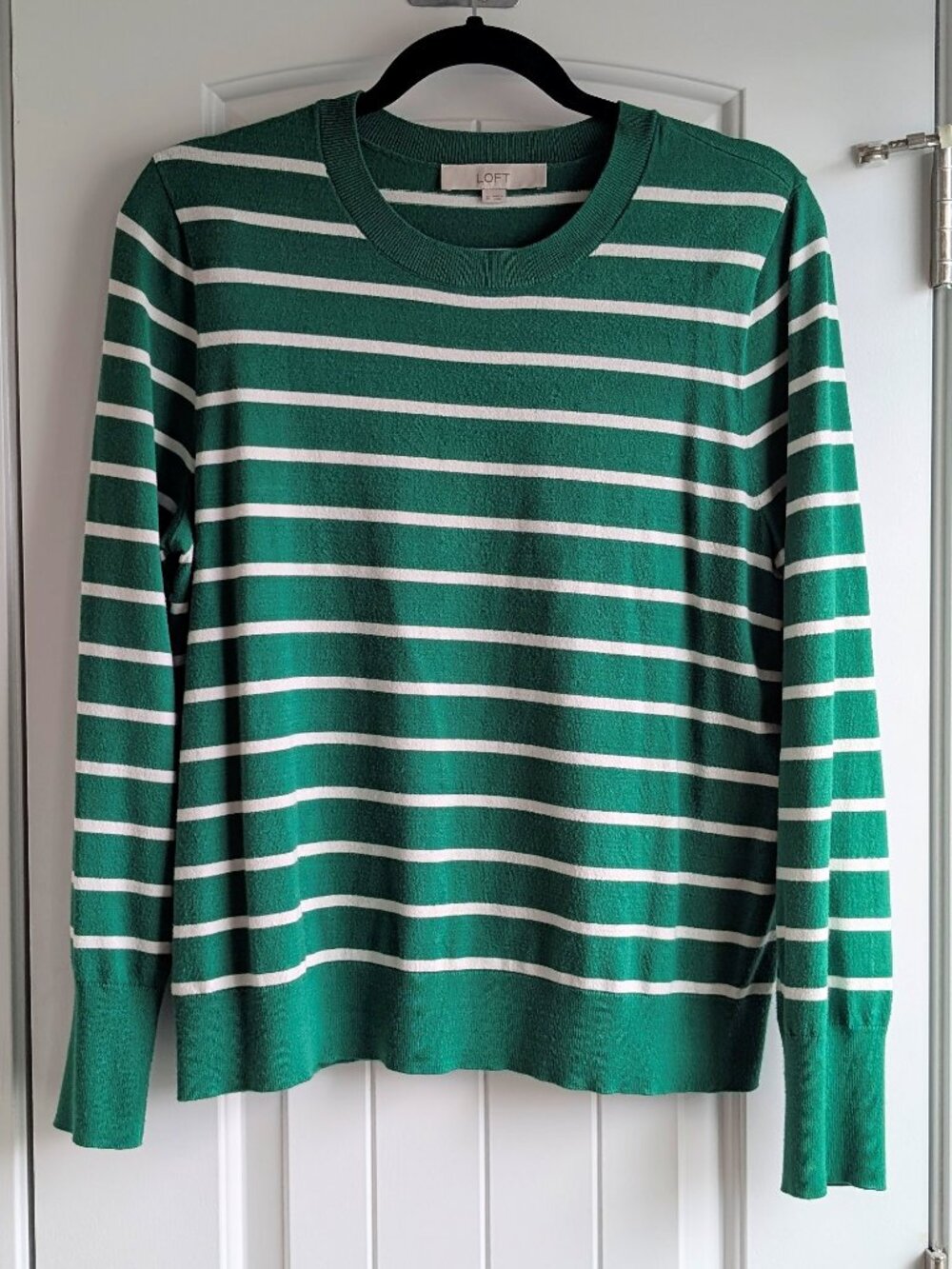 Loft Kelly Green White Stripe Crew Neck Long Sleeve Sweater XL EUC